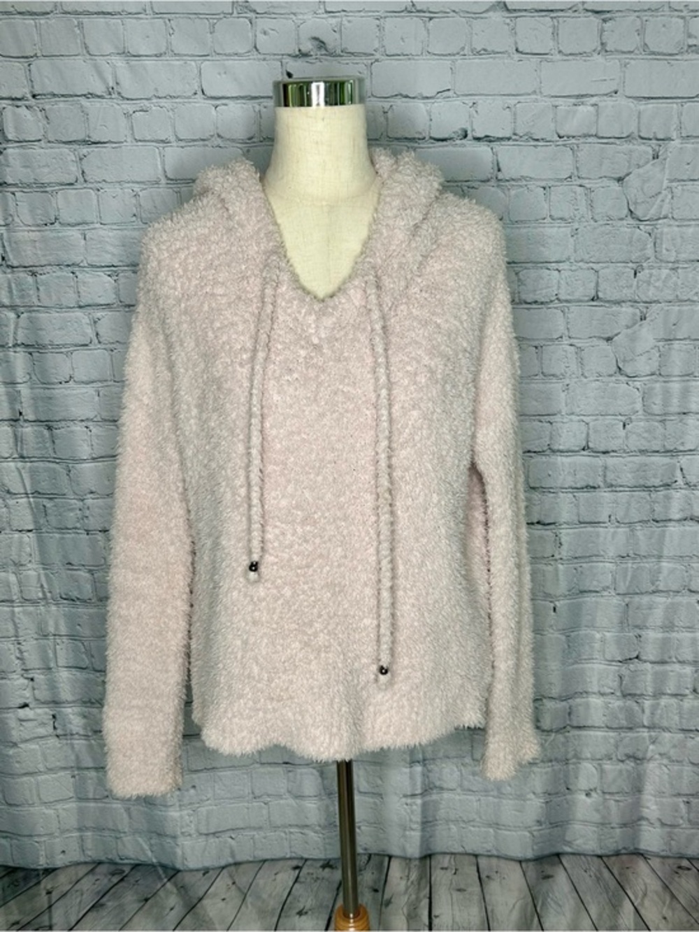 POL Women’s Medium Blush Pink Fuzzy Hooded Sweater Boho Cozy Pullover